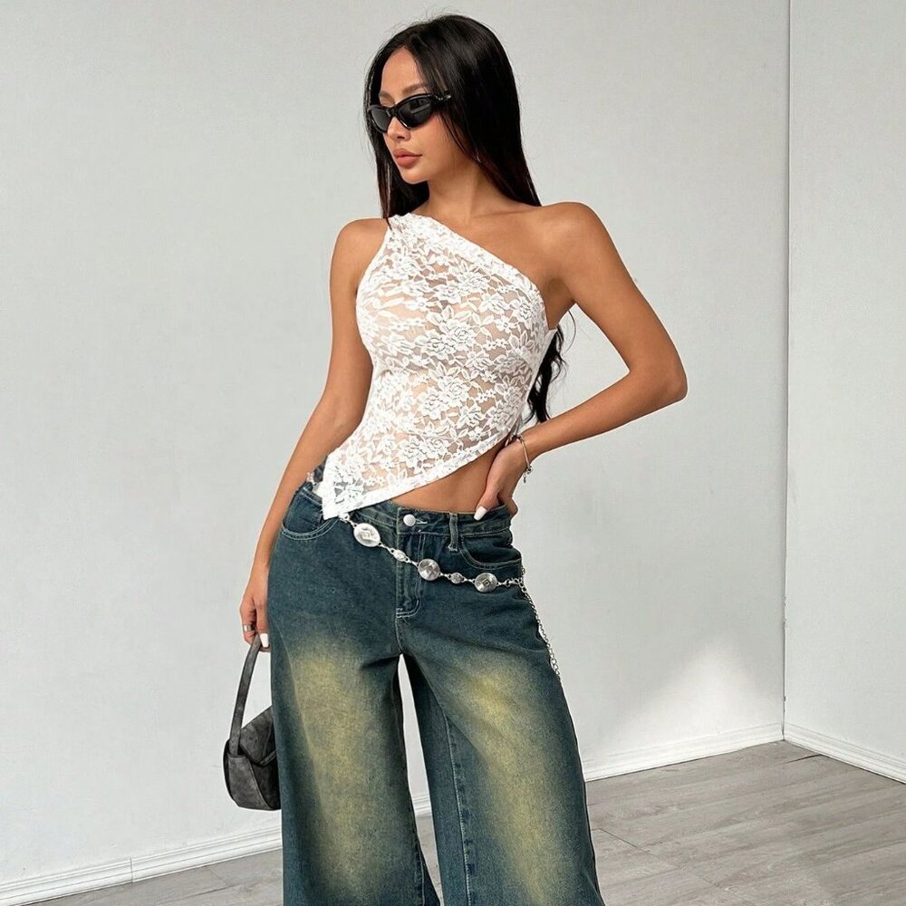 Lace Waistless Cutout Asymmetric One Shoulder Neck Niche Design Top